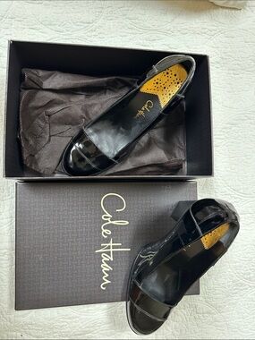 Cole Haan Black Patent Leather Slingback Low Block Heels